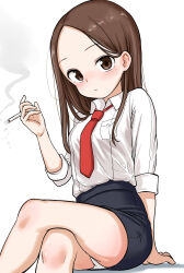 Rule 34 | 1girl, arm support, between fingers, black skirt, blush, breasts, brown eyes, brown hair, cigarette, collared shirt, crossed legs, feet out of frame, forehead, highres, holding, holding cigarette, karakai jouzu no takagi-san, long hair, long sleeves, looking at viewer, necktie, note2000, panties, parted bangs, pencil skirt, red necktie, shadow, shirt, simple background, sitting, skirt, small breasts, smoke, solo, takagi-san, underwear, white background, white panties, white shirt