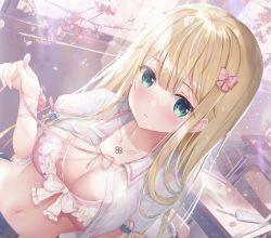 Rule 34 | 1girl, arm ribbon, blonde hair, blush, bow, bow bra, bra, branch, breasts, chair, cherry blossoms, classroom, cleavage, collarbone, collared shirt, commentary request, curtains, desk, eraser, green eyes, hair bow, hair ornament, hairclip, highres, jewelry, lace trim, large breasts, long hair, looking at viewer, midriff, navel, necklace, notebook, open clothes, open shirt, open window, original, pen, pencil case, petals, pink bra, ribbon, ribbon trim, school uniform, shadow, shirt, solo, sousouman, string pull, sunlight, tree, underwear, window