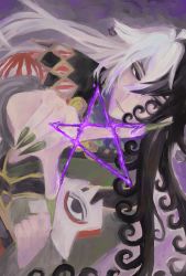 Rule 34 | 1boy, absurdres, ashiya douman (fate), asymmetrical clothes, asymmetrical hair, black eyes, black hair, curly hair, earrings, expressionless, fate/grand order, fate (series), fingernails, from above, green kimono, green nails, hair between eyes, hair intakes, hate 7 (h t7), highres, japanese clothes, jewelry, kimono, long hair, looking at viewer, magatama, magatama earrings, male focus, multicolored hair, nail polish, onmyouji, open clothes, open kimono, pentagram, sharp fingernails, shikigami, solo, split-color hair, two-tone hair, very long fingernails, very long hair, white hair