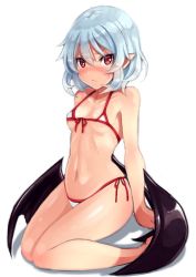 Rule 34 | 1girl, bare arms, bare legs, bare shoulders, bat wings, bikini, black wings, blue hair, blush, breasts, commentary request, front-tie bikini top, front-tie top, full body, hair between eyes, halterneck, looking at viewer, low wings, micro bikini, navel, nose blush, opanchu (hakusen), pointy ears, red eyes, remilia scarlet, side-tie bikini bottom, simple background, sitting, small breasts, solo, stomach, string bikini, sweatdrop, swimsuit, touhou, underboob, v-shaped eyebrows, white background, white bikini, wings