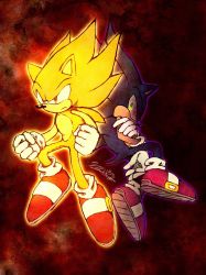Rule 34 | 2boys, aura, clenched hands, commentary request, dark persona, dual persona, floating, gloves, glowing, glowing eyes, green eyes, highres, male focus, multiple boys, orange eyes, red footwear, serious, shoes, signature, sneakers, sonic the hedgehog, sonic (series), super sonic, white gloves, yuisupa