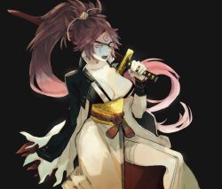 Rule 34 | 1girl, baiken, bandaged leg, bandages, black background, black jacket, breasts, cleavage, collarbone, commentary, cropped jacket, eyelashes, eyepatch, feet out of frame, guilty gear, high ponytail, holding, holding sword, holding weapon, jacket, jacket on shoulders, japanese clothes, katana, kimono, large breasts, leather, leather jacket, long hair, long sleeves, looking ahead, obi, one-eyed, open mouth, over shoulder, pink hair, ranko no ane, sash, scar, scar across eye, sheath, sheathed, solo, sword, tassel, teeth, torn clothes, torn sleeves, upper teeth only, weapon, weapon over shoulder, white kimono, wide sleeves, yellow eyes, yellow sash