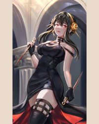 Rule 34 | 1girl, absurdres, arch, architecture, black dress, black gloves, black hair, black thighhighs, blood, bloody weapon, breasts, cleavage, dagger, dress, earrings, fingerless gloves, flower, gloves, hair between eyes, hair flower, hair ornament, hair stick, hair up, hairband, highres, holding, holding weapon, jewelry, knife, large breasts, long dress, long hair, pillar, pillarboxed, red eyes, side slit, sidelocks, solo, spy x family, stiletto (weapon), thighhighs, upper body, walking, weapon, yellow hairband, yor briar, yubuki i