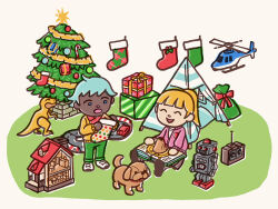 Rule 34 | 1boy, 1girl, ahoge, aircraft, animal crossing, animal ears, artist request, bag, blonde hair, blue eyes, blue hair, book, brick, candy, candy cane, car, christmas, christmas stocking, christmas tree, closed eyes, controller, dark-skinned male, dark skin, dinosaur, dinosaur tail, dog, dog ears, dog tail, doll house, food, gift, green bag, green pants, helicopter, holding, holly, jacket, lion, medium hair, motor vehicle, nintendo, official art, open book, open clothes, open jacket, open mouth, ornament, pants, pink jacket, ponytail, pop-up book, race vehicle, racecar, red ribbon, ribbon, robot, shoes, short hair, sitting, smile, striped, surprised, sweater, sweater jacket, tail, tent, toy, toy car, white footwear, yellow sweater