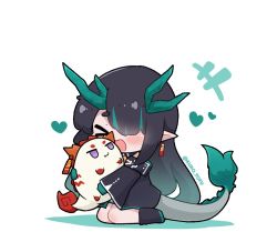 Rule 34 | &gt; &lt;, +++, 2girls, :d, > <, animal, animalization, arknights, black footwear, black hair, blush, boots, chibi, colored shadow, commentary, dusk (arknights), earrings, english commentary, closed eyes, gradient hair, green hair, heart, horns, jewelry, kurotofu, long hair, multicolored hair, multiple girls, nian (arknights), open mouth, pointy ears, purple eyes, shadow, sitting, smile, tail, twitter username, very long hair, wariza, white background, xd