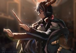 Rule 34 | 1boy, arknights, ascot, conductor baton, black hair, black jacket, blue sealad, blurry, blurry background, bow, brooch, commentary, ebenholz (arknights), epaulettes, grey eyes, hair bow, highres, holding, horns, indoors, jacket, jewelry, long hair, male focus, musical note, red bow, solo, upper body, white ascot