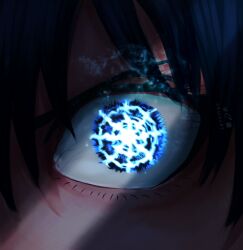 Rule 34 | 1boy, absurdres, artist name, black hair, blue eyes, blue lock, blue theme, close-up, commentary, crack of light, crain1art, english commentary, eye focus, glowing, glowing eyes, highres, isagi yoichi, looking at viewer, male focus, symbol-shaped pupils