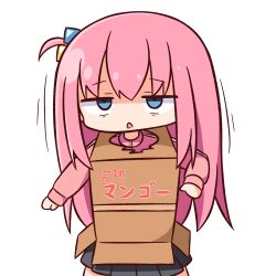 Rule 34 | 1girl, bags under eyes, black skirt, blue eyes, blush, bocchi the rock!, box, cardboard box, cardboard box gundam, chibi, cube hair ornament, gotoh hitori, hair between eyes, hair ornament, hana kazari, highres, jacket, long hair, long sleeves, looking at viewer, one side up, parted lips, pink hair, pink jacket, pleated skirt, shaded face, simple background, skirt, solo, track jacket, translation request, very long hair, white background