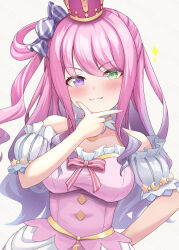 Rule 34 | 1girl, :3, bare shoulders, blush, breasts, crown, green eyes, hand on own hip, heterochromia, highres, himemori luna, himemori luna (1st costume), hololive, long hair, looking at viewer, medium breasts, pink hair, purple eyes, side ponytail, simple background, solo, suicabar72, virtual youtuber, white background
