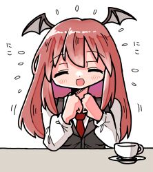 Rule 34 | 1girl, :d, ^ ^, bat wings, black vest, black wings, blush, breasts, closed eyes, collared shirt, commentary request, cup, dot nose, dress shirt, elbows on table, facing viewer, flying sweatdrops, hair between eyes, head wings, kasuya baian, koakuma, long hair, medium breasts, necktie, open mouth, own hands together, red hair, red necktie, saucer, shirt, sidelocks, simple background, smile, solo, table, teacup, touhou, upper body, vest, white background, white shirt, wide face, wings