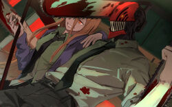Rule 34 | 1boy, 1girl, black necktie, black pants, blood, blood on clothes, bloody weapon, blue hoodie, brown hair, chainsaw, chainsaw man, collared shirt, cross-shaped pupils, denji (chainsaw man), facing to the side, glowing, glowing eye, hair between eyes, highres, hood, hoodie, ikanyoikanikan, long hair, looking to the side, necktie, pants, power (chainsaw man), sharp teeth, shirt, shirt tucked in, smile, symbol-shaped pupils, teeth, weapon, white shirt, yellow eyes