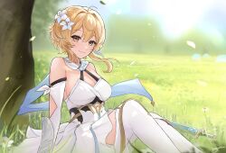 Rule 34 | 1girl, absurdres, bare shoulders, blonde hair, blush, breasts, cleavage, closed mouth, commentary, detached sleeves, dress, english commentary, floating hair, flower, genshin impact, grass, hair between eyes, hair flower, hair ornament, highres, kato yuurina, looking at viewer, lumine (genshin impact), medium breasts, outdoors, sidelocks, signature, sitting, smile, solo, sword, thighhighs, tree, weapon, white dress, white flower, white sleeves, white thighhighs, yellow eyes