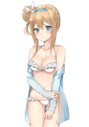 Rule 34 | 1girl, alternate hairstyle, bad id, bad pixiv id, bikini, blonde hair, blouse, blue eyes, blue shawl, blush, breasts, canape (canape0130), cleavage, closed mouth, collarbone, cowboy shot, female focus, frilled bikini, frills, girls&#039; frontline, hair between eyes, hair bun, hair ornament, hairband, hand on own arm, head tilt, highres, long hair, looking at viewer, medium breasts, navel, off shoulder, official alternate costume, open clothes, open shirt, see-through, shawl, shirt, side bun, sidelocks, signature, simple background, single side bun, smile, snowflake hair ornament, solo, stomach, suomi (girls&#039; frontline), suomi (midsummer pixie) (girls&#039; frontline), swimsuit, thighs, white background