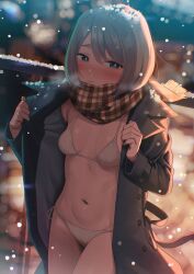 Rule 34 | 1girl, aumann, bikini, blue eyes, blurry, blurry background, blush, breasts, breath, coat, embarrassed, grey hair, highres, jacket, looking to the side, navel, open clothes, open jacket, original, outdoors, plaid, plaid scarf, public indecency, scarf, short hair, side-tie bikini bottom, small breasts, snow, snowing, string bikini, swimsuit, trench coat, white bikini