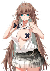 Rule 34 | 1girl, absurdres, aqua eyes, azur lane, bandaid, bandaids on nipples, black bow, black bowtie, blouse, bow, bowtie, breasts, brown hair, catnnn, cleavage, collared shirt, cowboy shot, crossed bandaids, crossed bangs, grey skirt, hair between eyes, highres, impero (azur lane), impero (languid librarian) (azur lane), large breasts, long hair, looking at viewer, loose bowtie, miniskirt, official alternate costume, one breast out, open clothes, open shirt, pasties, plaid, plaid skirt, shirt, simple background, skirt, sleeveless, sleeveless shirt, standing, undressing, very long hair, white background, white shirt