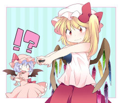 Rule 34 | !?, 2girls, \m/, bad id, bad pixiv id, bat wings, blonde hair, blue hair, blush, bow, breast conscious, constricted pupils, crystal, double \m/, dress, female focus, flandre scarlet, hammer (sunset beach), hat, hat bow, hat ribbon, multiple girls, open mouth, pink dress, plunger, puffy sleeves, purple hair, red eyes, remilia scarlet, ribbon, shirt, short hair, short sleeves, siblings, side ponytail, sisters, skirt, sleeveless, sweatdrop, touhou, wavy mouth, wings, wrist cuffs, you&#039;re doing it wrong