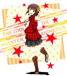 Rule 34 | 1girl, amami haruka, any (lucky denver mint), boots, brown hair, green eyes, hair ribbon, highres, idolmaster, idolmaster (classic), open mouth, plaid, ribbon, short hair, skirt, smile, solo, star (symbol), watch