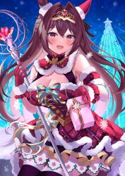 Rule 34 | 1girl, animal ears, black thighhighs, blue bow, bow, breasts, brooch, brown hair, christmas, christmas tree, cleavage, cleavage cutout, clothing cutout, cowboy shot, daiwa scarlet (scarlet nuit etoile) (umamusume), daiwa scarlet (umamusume), dress, ear covers, ear scrunchie, fang, frilled dress, frills, fur-trimmed dress, fur armlet, fur trim, giving, gloves, hair intakes, highres, holding, holding staff, horse ears, horse girl, ibuki sho, jewelry, large breasts, long hair, looking at viewer, night, official alternate costume, open mouth, outdoors, plaid, plaid dress, red dress, red eyes, red gloves, santa dress, short dress, single ear cover, skin fang, smile, snowflakes, snowing, solo, staff, standing, thighhighs, tiara, umamusume, very long hair
