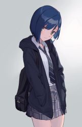 10s 1girl blouse blue_hair blush bob_cut cowboy_shot darling_in_the_franxx female_focus green_eyes grey_background hands_in_pockets ichigo_(darling_in_the_franxx) jacket necktie plaid_clothes plaid_skirt shirt short_hair simple_background skirt solo striped_necktie u_jie uniform white_shirt