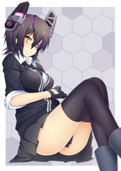 Rule 34 | 10s, 1girl, black hair, black thighhighs, boots, breasts, eyepatch, fingerless gloves, gloves, highres, kantai collection, looking at viewer, necktie, short hair, skirt, solo, suteba (grzjkbhgf), tenryuu (kancolle), thighhighs, thighs, yellow eyes