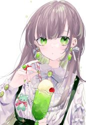 Rule 34 | 1girl, bad id, bad twitter id, bow, bowtie, braid, brown hair, cherry, ear piercing, earrings, food, frilled shirt, frilled shirt collar, frills, fruit, green eyes, highres, ice cream, ice cream float, jewelry, long hair, long sleeves, multicolored hair, nail polish, original, piercing, puffy long sleeves, puffy sleeves, ribbon, ring, sakurato remi, shirt, simple background, skirt, sleeve cuffs, solo, suspender skirt, suspenders, two-tone hair, white background, white ribbon, white shirt
