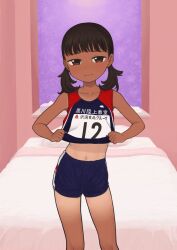 Rule 34 | 1girl, bare arms, bare shoulders, bed, black hair, brown eyes, closed mouth, clothes lift, commentary request, contrapposto, cowboy shot, dark-skinned female, dark skin, frown, highres, indoors, lifted by self, looking at viewer, low twintails, medium hair, midriff, navel, omodaka (nitera1041), original, race bib, shirt lift, short shorts, shorts, solo, stomach, tan, tanline, track uniform, twintails, variant set