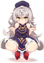 Rule 34 | 1girl, azur lane, beret, bikini, breasts, closed mouth, covered erect nipples, grey hair, hat, highres, long hair, looking at viewer, mole, mole under eye, navel, simple background, small breasts, solo, squatting, swimsuit, very long hair, white background, yellow eyes, z46 (azur lane), zamudelin
