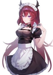 Rule 34 | 1girl, alternate costume, apron, arknights, black dress, breasts, cleavage, cowboy shot, dress, enmaided, hair between eyes, hand up, highres, horns, long hair, looking at viewer, maid, maid headdress, medium breasts, parted lips, puffy short sleeves, puffy sleeves, purple eyes, red hair, sasu (kabesasu), short sleeves, small breasts, solo, standing, surtr (arknights), very long hair, waist apron, white apron