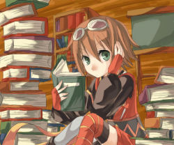 Rule 34 | 00s, 1girl, asymmetrical legwear, bob cut, book, bookshelf, brown hair, fingerless gloves, gloves, goggles, goggles on head, green eyes, kontore, looking at viewer, mismatched legwear, open book, reading, red gloves, rita mordio, short hair, sitting, solo, studying, tales of (series), tales of vesperia, thighhighs