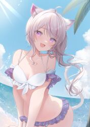 Rule 34 | 1girl, :d, ahoge, animal ear fluff, animal ears, bare shoulders, beach, bikini, blue sky, breasts, cat ears, cat girl, cat tail, cleavage, cloud, collarbone, commission, cowboy shot, day, detached sleeves, floating hair, frilled bikini, frilled sleeves, frills, front-tie bikini top, front-tie top, grey hair, horizon, indie virtual youtuber, kurage cc, leaning forward, light rays, long hair, looking at viewer, multi-strapped bikini top, multicolored hair, nekoyama mia (vtuber), ocean, open mouth, outdoors, palm tree, pink eyes, sidelocks, skeb commission, sky, smile, solo, streaked hair, swimsuit, tail, tail raised, tree, two-tone bikini, virtual youtuber