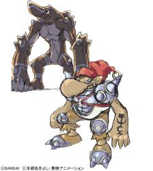 Rule 34 | 00s, 2boys, armor, bandai, biceps, clenched hands, concept art, copyright name, digimon, digimon (creature), fangs, full body, gigasmon, grottemon, hat, long nose, looking at viewer, looking to the side, monster boy, multiple boys, muscular, official art, pectorals, simple background, tattoo, white background