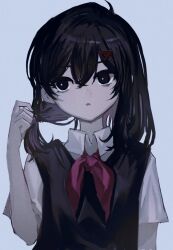 Rule 34 | 1girl, arm at side, black eyes, black sweater vest, blue background, bright pupils, collared shirt, genderswap, genderswap (mtf), hair between eyes, hair ornament, hairclip, hand in own hair, looking to the side, medium hair, neckerchief, omori, parted lips, red neckerchief, shionty, shirt, short sleeves, solo, sunny (omori), sweater vest, upper body, white pupils, white shirt