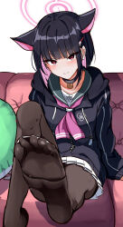 Rule 34 | 1girl, animal ears, bad anatomy, bad leg, bad perspective, black hair, black jacket, black pantyhose, blue archive, blush, cat ears, closed mouth, colored inner hair, extra ears, hair ornament, hairclip, halo, highres, hood, hood down, hooded jacket, jacket, kazusa (blue archive), lapis (gulala375), long sleeves, looking at viewer, multicolored hair, pantyhose, pink hair, pink halo, pleated skirt, red eyes, short hair, sitting, skirt, soles, solo, toes, white skirt
