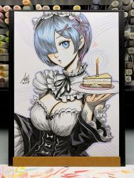 Rule 34 | 1girl, blue eyes, blue hair, breasts, cake, cake slice, candle, chestnut mouth, cleavage, dated, fire, hair ornament, hair over one eye, heart, highres, holding, holding plate, large breasts, looking at viewer, looking to the side, maid, maid headdress, plate, re:zero kara hajimeru isekai seikatsu, rem (re:zero), short hair, signature, stanley lau, tagme, traditional media, wide sleeves, x hair ornament