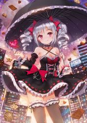 Rule 34 | 10s, 1girl, :q, bad id, bad pixiv id, bare shoulders, black thighhighs, black umbrella, blush, bow, breasts, candy, chocolate, chocolate bar, choker, city, cleavage, collarbone, cross-laced clothes, dangmill, detached sleeves, dot nose, dress, drill hair, earrings, fishnet thighhighs, fishnets, food, frilled choker, frilled dress, frilled sleeves, frilled thighhighs, frilled umbrella, frills, full moon, gem, gothic lolita, hair bow, head tilt, heart, highres, holding, holding umbrella, idolmaster, idolmaster cinderella girls, jewelry, kanzaki ranko, light particles, lolita fashion, long hair, looking at viewer, medium breasts, moon, nose blush, pink eyes, red eyes, revision, shiny skin, silver hair, skull, sleeveless, sleeveless dress, smile, solo, standing, thighhighs, tongue, tongue out, twin drills, twintails, umbrella, upskirt, valentine