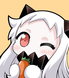 Rule 34 | 1girl, abyssal ship, blush, blush stickers, carrot, collar, colored skin, commentary request, food, highres, kantai collection, long hair, mittens, northern ocean princess, one eye closed, red eyes, spiked collar, spikes, toranoana, white hair, white mittens, white skin, yamato nadeshiko