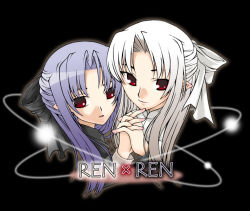 Rule 34 | 00s, 2girls, black background, braid, character name, french braid, half updo, holding hands, len (tsukihime), looking at viewer, multiple girls, pointy ears, red eyes, simple background, skull mania, tsukihime, upper body, white hair, white len (tsukihime), yuri