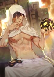 Rule 34 | 1boy, abs, bare pectorals, black hair, blurry, blurry background, blurry foreground, brown hair, cloak, closed mouth, cloud, cloudy sky, genshin impact, hair between eyes, hand on own chin, holding, hood, hood up, hooded cloak, male focus, midriff, multicolored hair, navel, nipples, owowow0, pectorals, short hair, sitting, sky, solo, throne, toned, toned male, white cloak, yellow eyes, zhongli (archon) (genshin impact), zhongli (genshin impact)