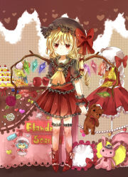 Rule 34 | 1girl, alternate color, apple, bad hands, bad id, bad pixiv id, blonde hair, bow, cake, dress, embodiment of scarlet devil, expressionless, female focus, flandre scarlet, food, frilled thighhighs, frills, fruit, hat, highres, jaku sono, over-kneehighs, pillow, pink thighhighs, red eyes, remilia scarlet, short hair, side ponytail, solo, stuffed animal, stuffed toy, teddy bear, thighhighs, touhou, wings