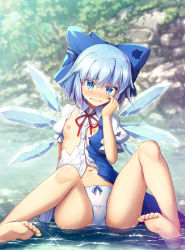 Rule 34 | 1girl, angry, bare legs, barefoot, between legs, blue bow, blue dress, blue eyes, blue hair, blush, bow, breasts, chima q, cirno, commentary, crying, day, dress, feet, flat chest, hair between eyes, hair bow, highres, ice, ice wings, looking away, navel, nipples, no bra, no pants, outdoors, panties, pinafore dress, puffy short sleeves, puffy sleeves, shirt, short hair, short sleeves, sitting, sleeveless dress, small breasts, soles, solo, tears, toes, torn clothes, torn dress, torn shirt, touhou, underwear, water, white panties, white shirt, wings