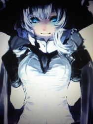 Rule 34 | 10s, 1girl, abyssal ship, black gloves, blue eyes, blurry, bodysuit, canvas (medium), close-up, gloves, glowing, glowing eyes, hat, kantai collection, kino ko, looking at viewer, pale skin, ruff, scan, shirt, smile, solo, standing, traditional media, upper body, white hair, white shirt, wo-class aircraft carrier