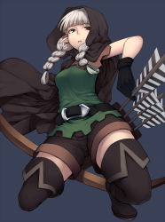 Rule 34 | 1girl, arrow (projectile), boots, bow (weapon), braid, cloak, dragon&#039;s crown, elf, elf (dragon&#039;s crown), gloves, hiroya juuren, kneeling, long hair, on one knee, pointy ears, silver hair, simple background, solo, thigh boots, thighhighs, twin braids, weapon