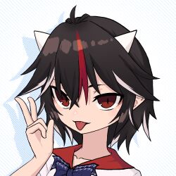 Rule 34 | 1girl, ahoge, black hair, bow, bowtie, collarbone, commentary, horns, kijin seija, looking at viewer, multicolored hair, red eyes, red hair, short hair, slit pupils, solo, strangenovel, streaked hair, tongue, tongue out, touhou, upper body, w, white background, white hair