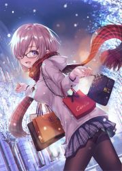 Rule 34 | 1girl, :d, backlighting, bag, black-framed eyewear, black pantyhose, blush, breasts, coat, cowboy shot, duffel coat, fate/grand order, fate (series), fringe trim, from side, glasses, hair over one eye, handbag, hood, hood down, hooded coat, long sleeves, looking at viewer, looking to the side, mash kyrielight, mash kyrielight (fgo x lawson), medium breasts, miniskirt, official alternate costume, open mouth, ouka (ra-raradan), outdoors, pantyhose, pink hair, plaid, plaid scarf, plaid skirt, purple eyes, purple skirt, red scarf, road, scarf, shopping bag, short hair, shoulder bag, skirt, smile, snowing, solo, street, thighband pantyhose, thighhighs, tree, walking, white coat, winter, winter clothes, winter coat