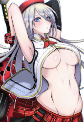 Rule 34 | 1girl, absurdres, alisa ilinichina amiella, armpits, arms behind head, arms up, bare shoulders, beret, blue eyes, blush, bracer, breasts, closed mouth, collared shirt, commentary, cowboy shot, elbow gloves, eyebrows hidden by hair, gloves, god eater, god eater 2: rage burst, groin, hair between eyes, hat, highres, holding, holding sword, holding weapon, huge weapon, kuraun (crown), large breasts, long hair, looking at viewer, navel, neck ribbon, partially unbuttoned, plaid, plaid skirt, pleated skirt, red hat, red ribbon, red skirt, revealing clothes, ribbon, shirt, sidelocks, silver hair, simple background, single elbow glove, skirt, sleeveless, sleeveless shirt, solo, standing, stomach, sword, underboob, weapon, white background, white shirt