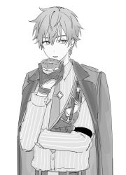 Rule 34 | 1boy, belt, coat, coat on shoulders, commentary request, doughnut, dress shirt, food, gloves, greyscale, hand up, holding, holding food, korean commentary, lapels, let&#039;s study hard! (project sekai), long sleeves, looking at viewer, male focus, monochrome, multicolored hair, necktie, notched lapels, official alternate costume, open mouth, project sekai, shinonome akito, shirt, shixoxome, short hair, simple background, solo, streaked hair, tie clip, tongue, tongue out, two-tone hair, upper body, white background
