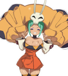 Rule 34 | 1girl, absurdres, breasts, cerebella (skullgirls), cleavage, closed eyes, cowboy shot, double v, gazacy (dai), green hair, grin, hat, highres, large breasts, skirt, skullgirls, smile, solo, thighhighs, v, vice-versa (skullgirls), white background, wide sleeves