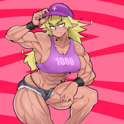 Rule 34 | 1girl, :3, abs, absurdres, adjusting clothes, adjusting headwear, armpits, asha, baseball cap, biceps, black panties, blonde hair, breasts, cleavage, closed mouth, commentary request, dark-skinned female, dark skin, fang, feet out of frame, grey shorts, hat, highres, large breasts, long hair, looking at viewer, medium bangs, muscular, muscular female, open fly, original, panties, pink background, pointy ears, purple hat, red background, sanpaku, short shorts, shorts, smile, solo, tan, two-tone background, underwear, wristband