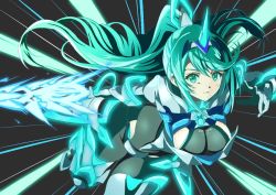 Rule 34 | 1girl, black background, blush, breasts, cleavage, earrings, elbow gloves, female focus, gem, gloves, glowing, green eyes, green hair, holding, holding sword, holding weapon, jewelry, large breasts, leaning forward, legs, light, long hair, looking at viewer, matching hair/eyes, nintendo, pneuma (xenoblade), ponytail, simple background, smile, solo, speed lines, spoilers, swept bangs, sword, thighhighs, thighs, tiara, upper body, very long hair, weapon, xenoblade chronicles (series), xenoblade chronicles 2, yuuuun0218