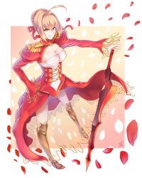 Rule 34 | 10s, 1girl, aestus estus, blonde hair, boots, breasts, cleavage, epaulettes, fate/extra, fate (series), green eyes, hand on own hip, highres, holding, holding sword, holding weapon, looking at viewer, nero claudius (fate), nero claudius (fate) (all), nero claudius (fate/extra), petals, see-through, shao (newton), smile, solo, sword, weapon